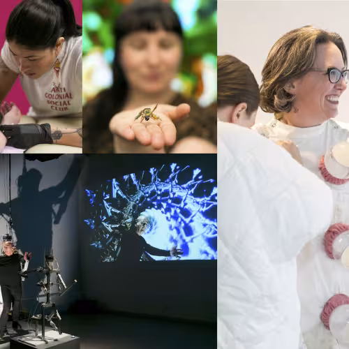 IOTA Institute's Bio Art Series, 2019, artists depicted (clockwise): Earthline Tattoo Collective (participant: Quill Christie-Peters), Ruth Marsh &ldquo;Cyberhive&rdquo;, Jennifer Willet &ldquo;Untitled: Travelling Laboratory Coat&rdquo;, Stelarc &ldquo;StickMan/miniStickMan&rdquo;, photo credit: Chantal Routhier Photography