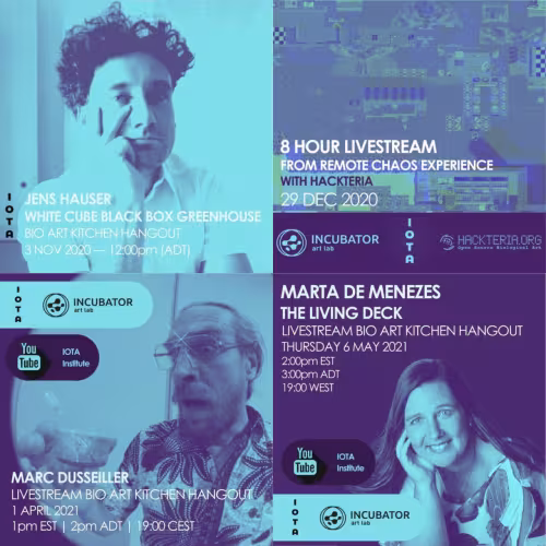 a banner of eight event posters, each showing a headshot of an artist or curator with a dramatic turquoise & deep purple filter. Not all text is listed in this image description, but each poster is for a Virtual Bio Art Kitchen Hangout hosted by IOTA Institute & INCUBATOR Art Lab