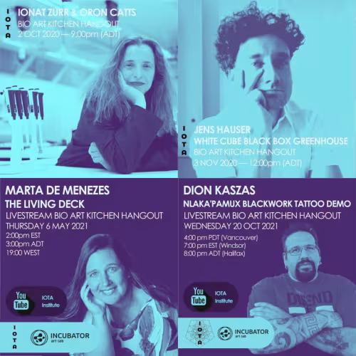 a banner of eight event posters, each showing a headshot of an artist or curator with a dramatic turquoise & deep purple filter. Not all text is listed in this image description, but each poster is for a Virtual Bio Art Kitchen Hangout hosted by IOTA Institute & INCUBATOR Art Lab