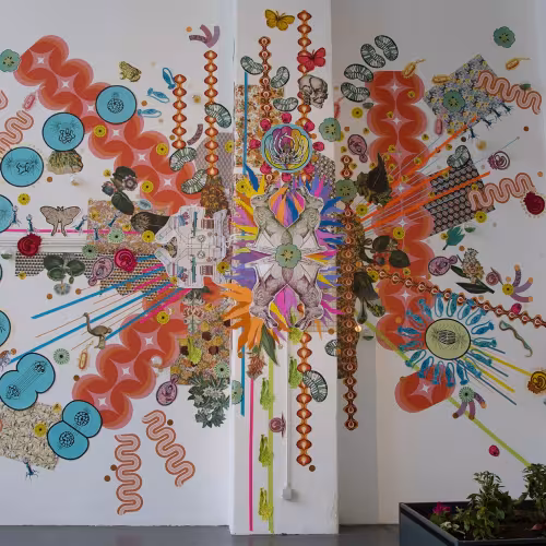 A huge colourful paper collage covers the white wall of an art gallery, and a small temporary garden bed is on the floor with green, yellow, and purple plants. The collage radiates out from the centre, and fetaures bright multicoloured paper cutouts of wallpaper samples, cell diagrams, and illustrations of animals.