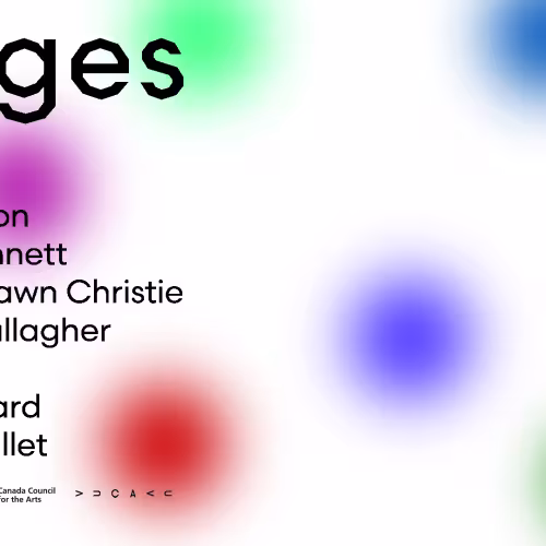 Black text on white background with blurry colourful dots in lime green, bright purple, orange, red, magenta, navy, and forest green. The largest black heading reads &ldquo;surges&rdquo; in a bold rounded font with jagged edges. Smaller text reads, &ldquo;Carrie Allison / Jordan Bennett / Amanda Dawn Christie / S&eacute;amus Gallagher / Ruth Marsh / Lou Sheppard / Jennifer Willet.&rdquo; In the top right corner is the IOTA logo, in the bottom left corner are small black logos for Arts Nova Scotia, Canada Council for the Arts, and VUCAVU&hellip;
