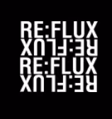 Logo for RE:FLUX Festival, Re:flux written 4 times with a mirror effect