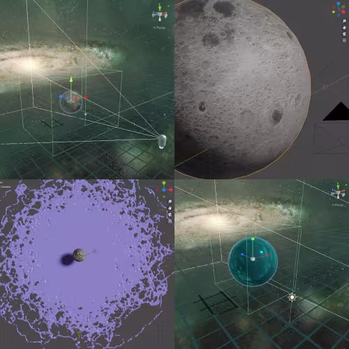 A grid of four screenshots of programming software used to generate WHOLE NEW WORLD/FOR SOPHIE. Each screenshot has a compass in the top right corner that shows the orientation of the 4D shapes on an X, Y, and Z axis. Two screenshots show a distant translucent moon against the milky way galaxy, surrounded by grid and perspective lines. One screenshot shows a black and white photorealistic close up of the moon, and the last screenshot features a Birds Eye view perspective of the moon on top of a bright&hellip;