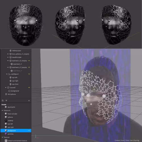 A collage of two screenshots of programming software used to generate the Mycelial Dimension augmented reality filter. The top third of the screen shows three digital renderings of human-like faces in shades of black and grey, each at different angles. The faces are covered in mask made of a thin white abstract pattern that is based on plant cells on the forehead, temples, cheeks, and jaw. There are chrome pearls on the outer corners of the eyes and bridge of the nose, at the borders of the white pattern&hellip;