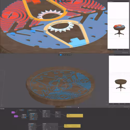 A collage of two screenshots of programming software used to generate the Remembering Her Voice augmented reality filter. Each screenshot shows the menu controls of the programming software and a digital rendering of a cool-toned wood table, with Jordan Bennett&rsquo;s digital artwork overlaid on the table. It is a dimensional rendering of a circular digital print. The print is half blue and half red, with various organic and geometric cutouts that show the table underneath, including teardrops, concentric&hellip;